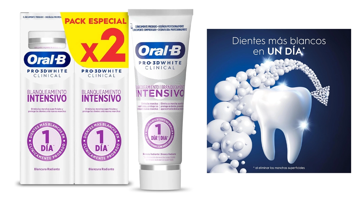Chollo Pack x2 Pasta de dientes blanqueadora Oral-B Pro 3D White Clinical por sólo 5€ (-61%) ¡2,50€ cada una!