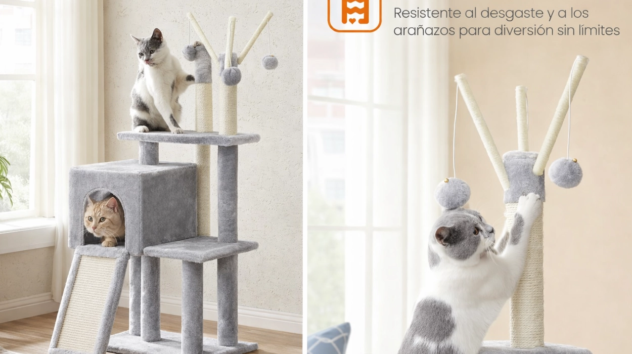 Tus gatos se lo van a pasar pipa en este árbol rascador con cueva y pompones extraíbles que hoy cuesta menos de 27€ en Amazon