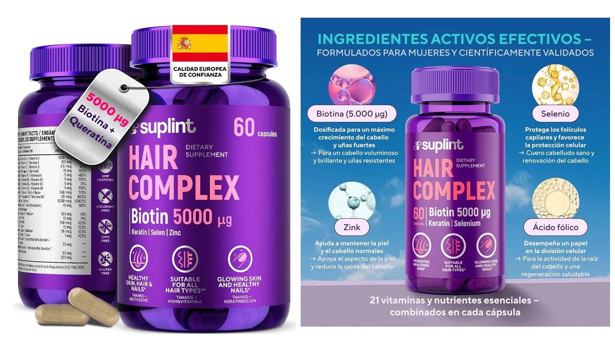 Chollo Vitaminas para el cabello Suplint con Biotina 5000 µg, MSM y Queratina (60 cápsulas) por sólo 9,49€ (41% de descuento)