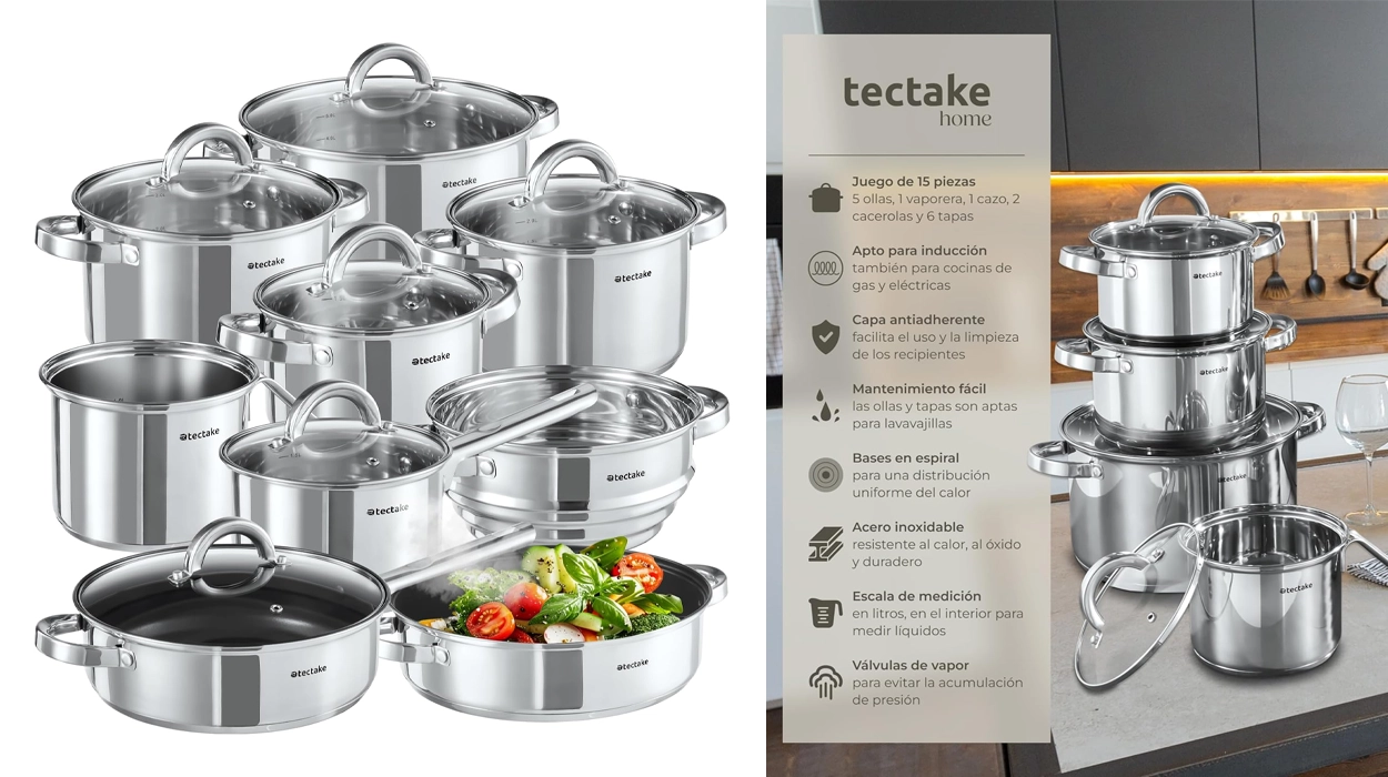 Chollo Batería de cocina Tectake de 15 piezas con tapas por sólo 89,79€ con envío gratis (18% de descuento)