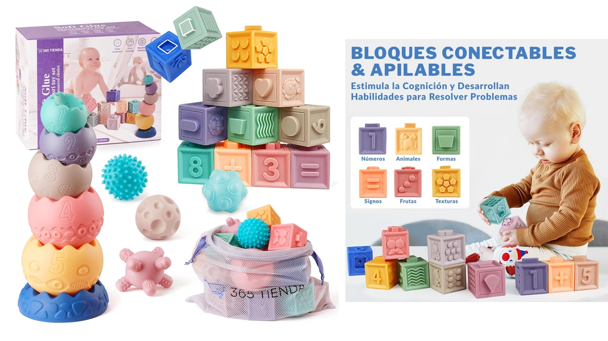 Este set Montessori con 22 piezas de silicona suave para apilar y encajar es perfecto para bebés de 1 año y hoy está genial de precio