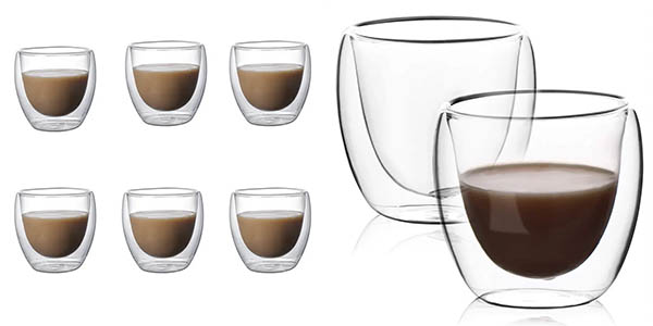 Chollo Juego de 6 tazas de vidrio aisladas de doble pared de 150 ml por sólo 6,35€ (-60%)