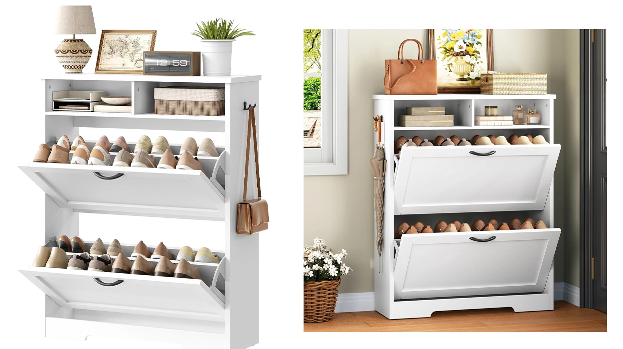 Este armario zapatero con estante y 2 compartimentos abatibles es perfecto para entradas y espacios estrechos: un mueble elegante por sólo 89,99€