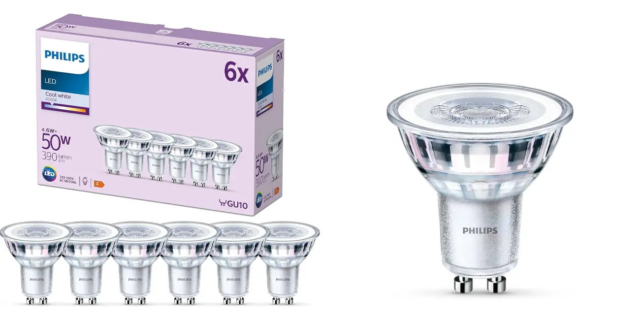 Chollo Pack x6 Bombillas LED Philips GU10 de 390 lúmenes y 4.000K por sólo 9,99€ (-47%)
