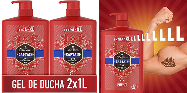 Chollo Pack x2 Gel de baño y champú Old Spice Captain 3 en 1 de 1 litro para hombre por sólo 10,99€ (-30%) ¡5,50€ cada uno!