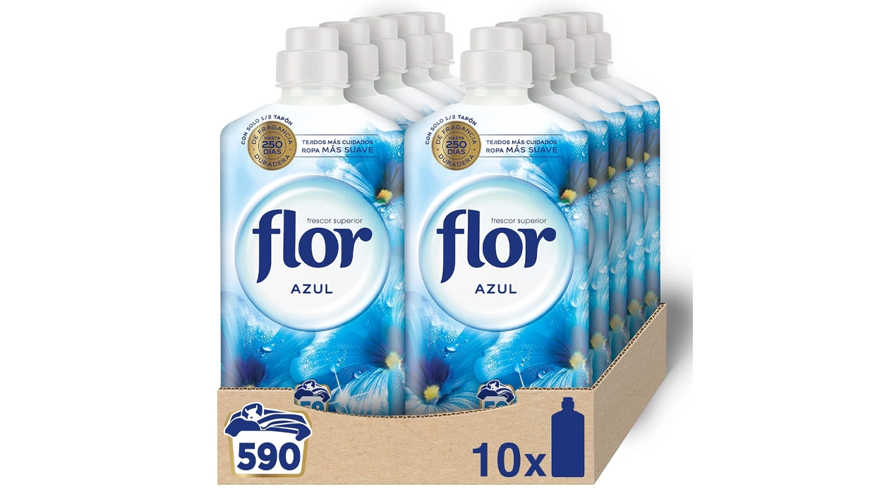 Chollo Pack x10 Suavizante Flor Azul de 59 lavados (590 dosis) por sólo 23,79€ (30% de descuento) ¡2,38€ la botella!