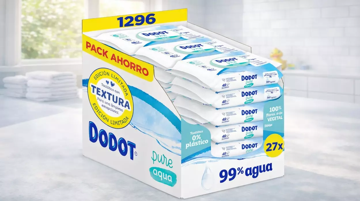 Chollo Pack x27 paquetes de Toallitas Dodot Pure Aqua (1296 toallitas en total) por sólo 37,99€ con envío gratis (-40%) ¡A 1,41€ cada paquete!