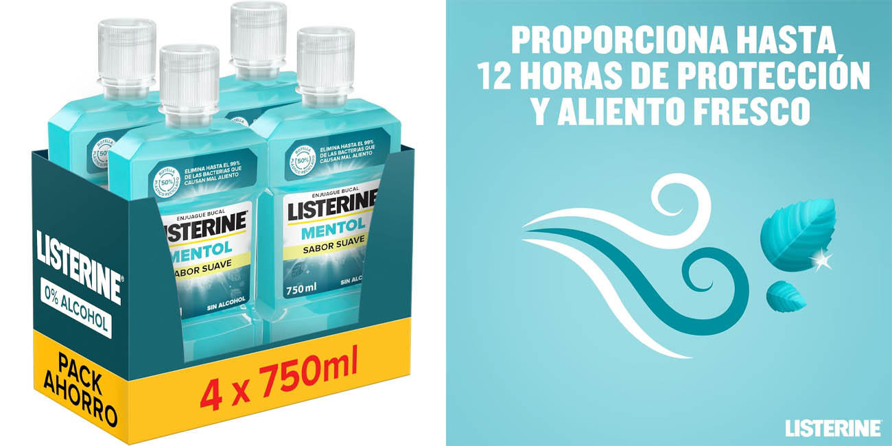 Chollo Pack x4 Listerine Mentol suave de 750 ml por sólo 13,32€ (-34%) ¡A 3,33€ cada uno!