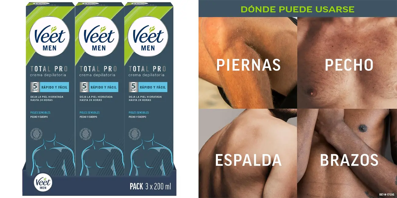 Chollo Pack 3x Crema depilatoria corporal Veet Men pieles sensibles para hombre de 200 ml por sólo 10,47€ (-59%)