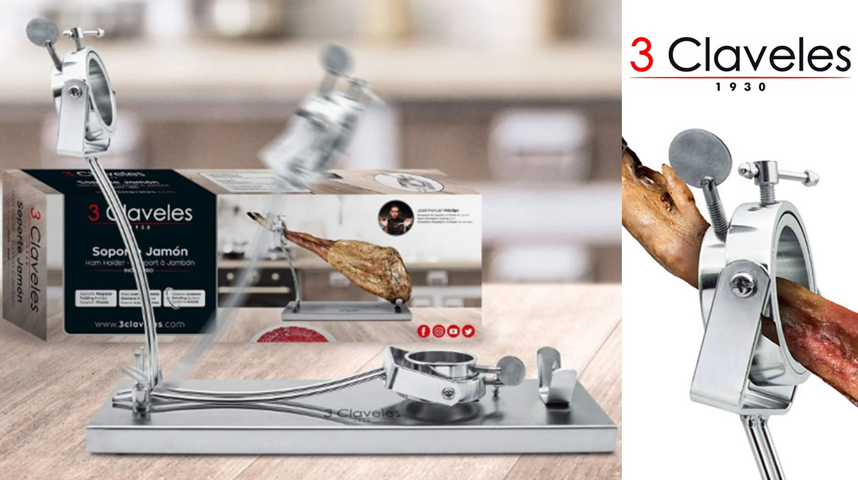 Disfruta de cortar una buena pata de jamón con este soporte de acero 3 Claveles que está hoy a un precio irresistible