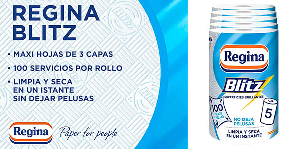 Chollo Pack x5 rollos de papel de cocina Regina Blitz de 3 capas por solo 9,75€ (37% de descuento) ¡1,95€ cada rollo!