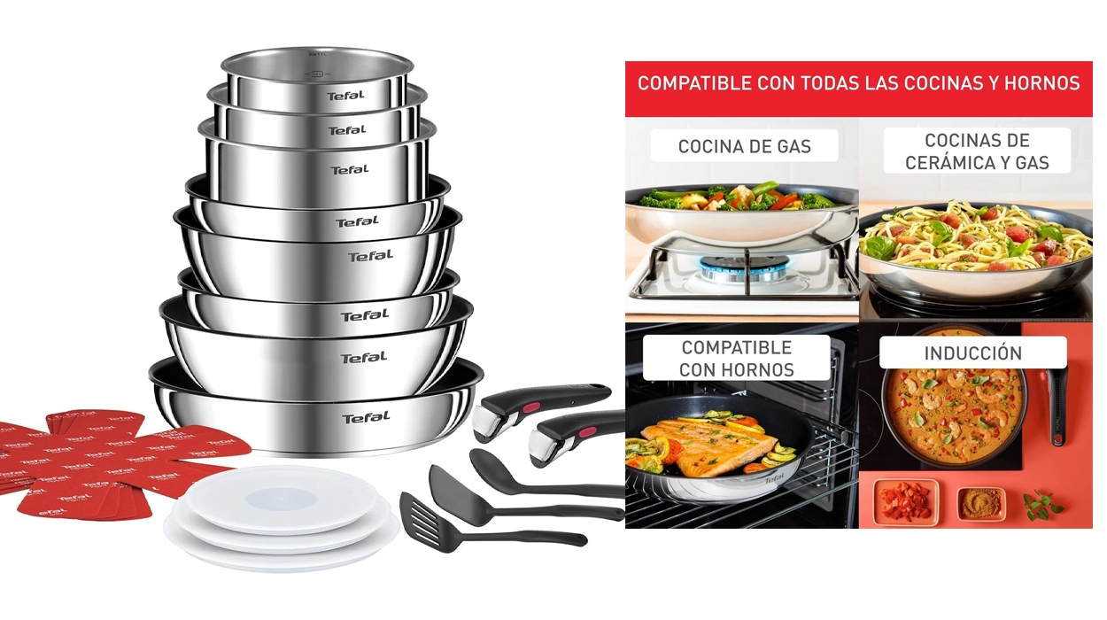 Chollo Juego de 3 Sartenes Tefal Ingenio Emotion + 3 cazos, guisera, wok y 12 accesorios por sólo 147,99€ con envío gratis (36% de descuento)