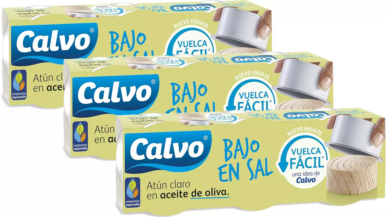 Chollo x9 latas de atún claro Calvo en aceite de oliva Bajo en Sal por sólo 8,26€ con 3×2 (-38%) ¡2,75€ cada pack!