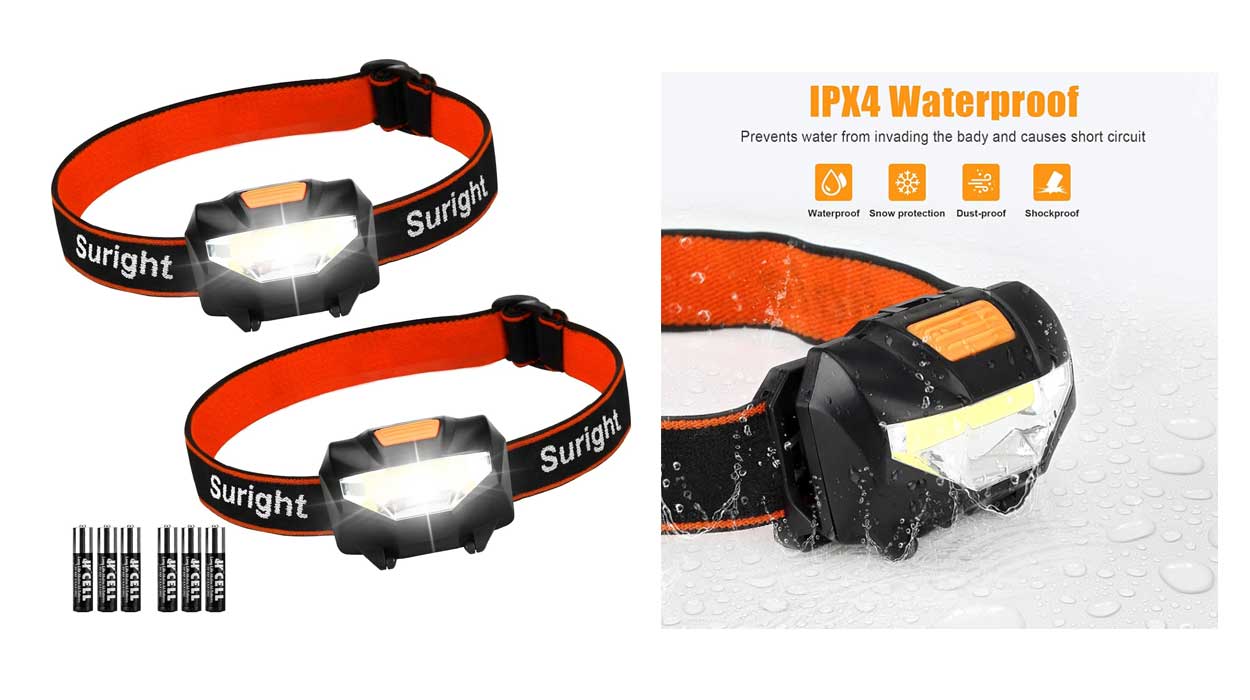 Pack x2 Linternas frontales LED Suright con 3 modos de luz e impermeables por solo 8,54€ (46% de descuento)