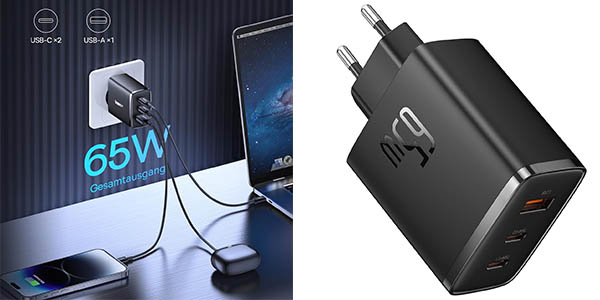 Carga rápidamente todos tus dispositivos con este multipuerto Baseus GAN de 65W a muy buen precio