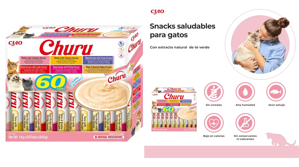 Estos premios saludables INABA Churu Box a base de atún son perfectos para cuidar a tus gatos con un snack de calidad, a un precio fantástico