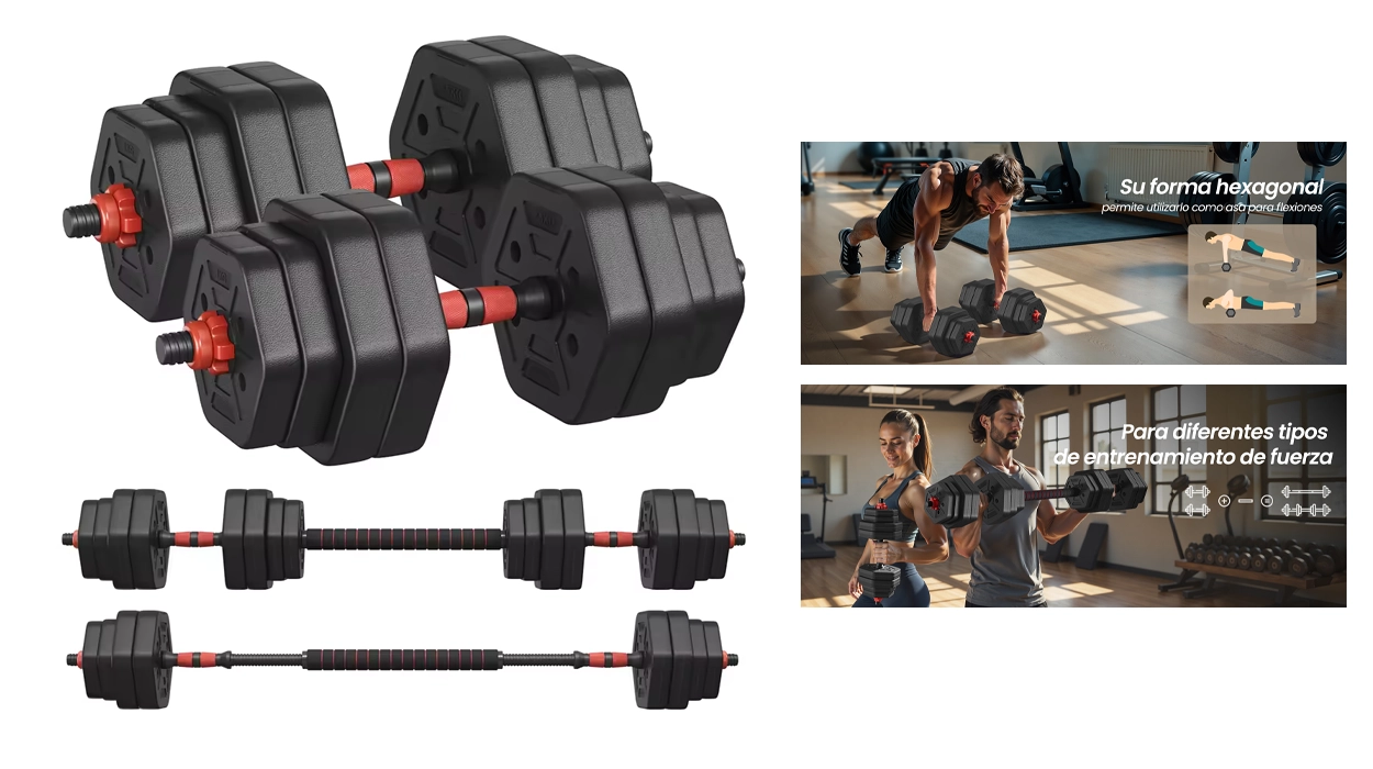 Con este juego de mancuernas hexagonales con barra de conexión de 30 kg podrás trabajar músculo en casa y cuesta menos que un mes de gimnasio