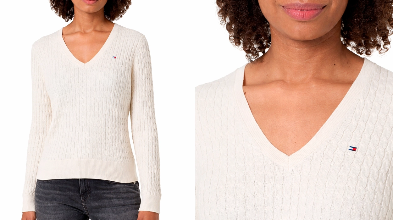 Chollo Jersey de punto trenzado con cuello de pico Tommy Hilfiger para mujer por sólo 64€ con envío gratis (50% de descuento)