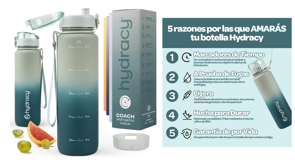 Esta botella de agua Hydracy de 1 litro con marcador de tiempo te motivará a estar bien hidratado por sólo 6,99€ con cupón (-65%)