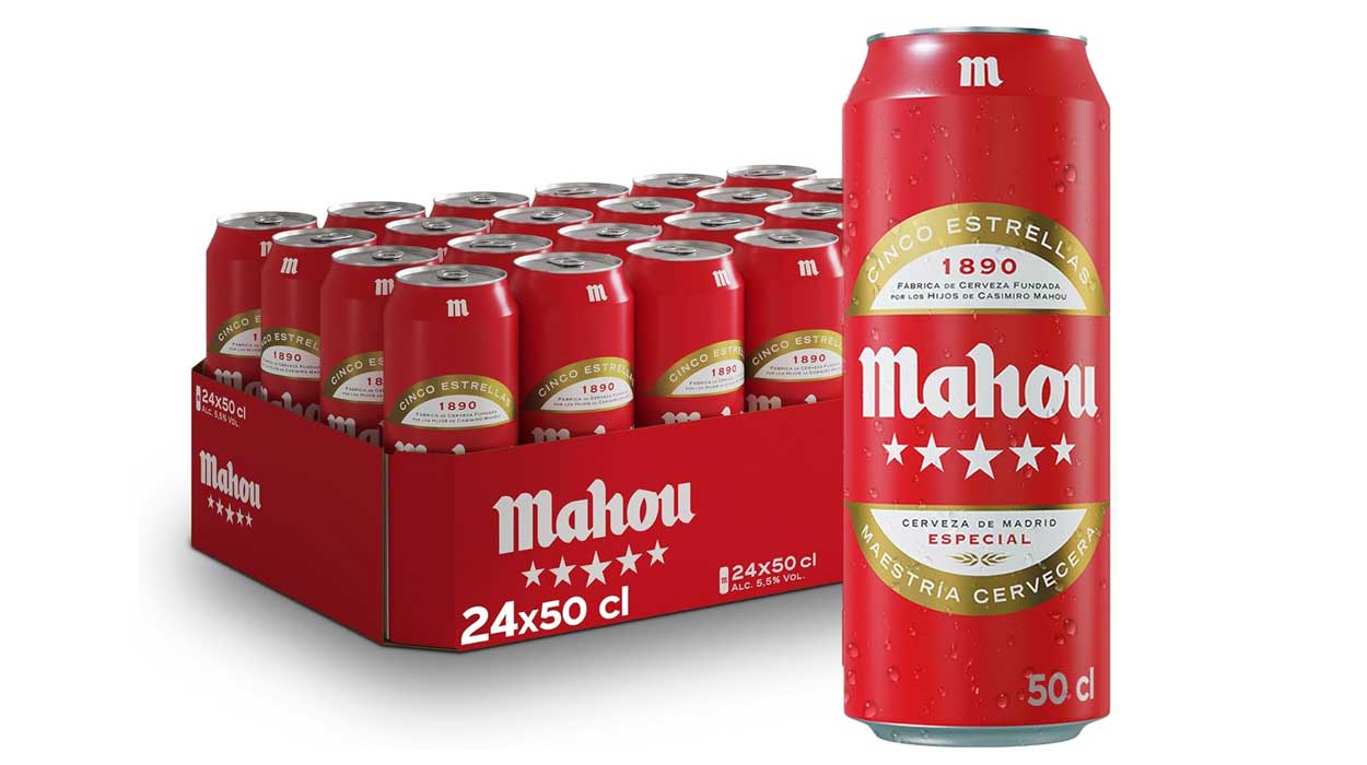 Chollo Pack de 24 latas Mahou 5 Estrellas 50 cl por sólo 21,60€ (-29%) ¡0,90€ la lata!