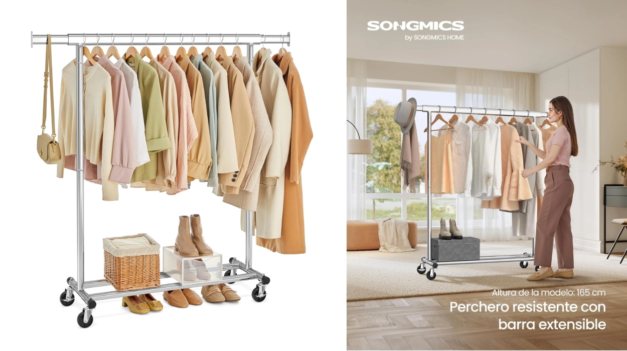 Este perchero Burro Songmics con ruedas y barra extensible es ideal para cargas pesadas y hoy te lo llevas por menos de 29€ (-48%)