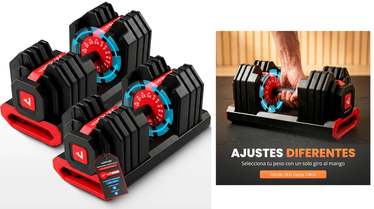 Entrena en casa a tope sin llenar todo de pesas: 2 mancuernas que se ajustan de 2 a 24 kg en segundos con sistema seguro por muy poco