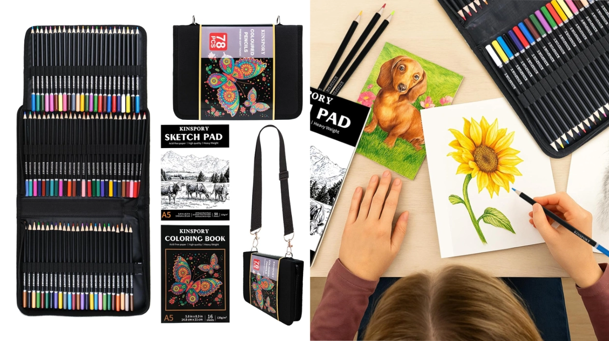 Dibuja en cualquier lugar con este maletín de 78 lápices de colores, bloc de 50 hojas y correa bandolera que cuesta menos de 11€ con este cupón