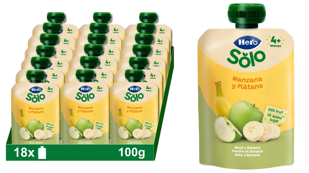 Chollo Pack x18 bolsitas de fruta Hero Baby con manzana y plátano de 100 g por sólo 15,90€ con descuento automático (-26%) ¡0,88€ cada una!