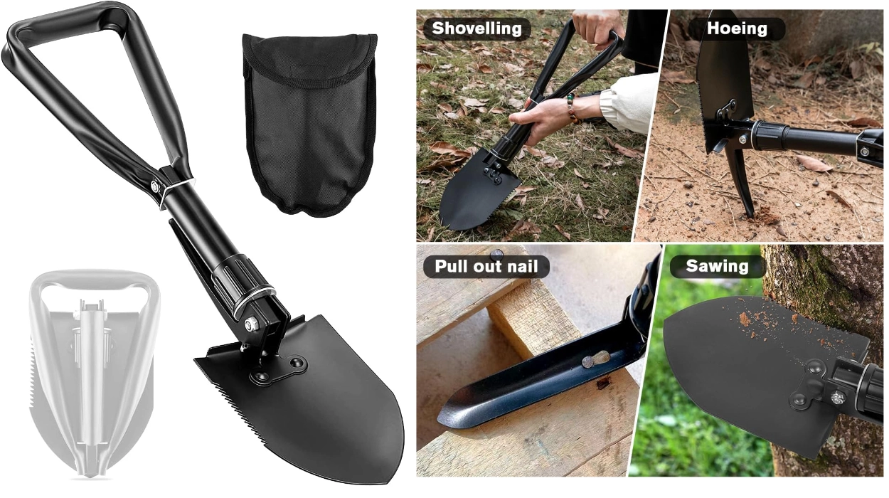 Esta pala plegable de acero de 47 cm al carbono es una herramienta útil para camping, salidas en coche o emergencias, por menos de 11 euretes