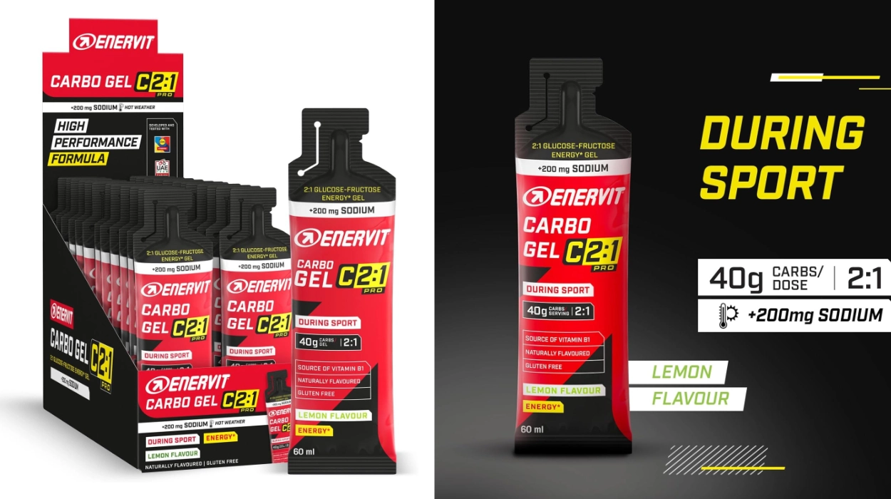Más rendimiento en esfuerzos largos de ciclismo o running: Pack x24 geles energéticos Enervit Carbo Gel C2:1PRO con sodio y 40 g de carbohidratos (60 ml)