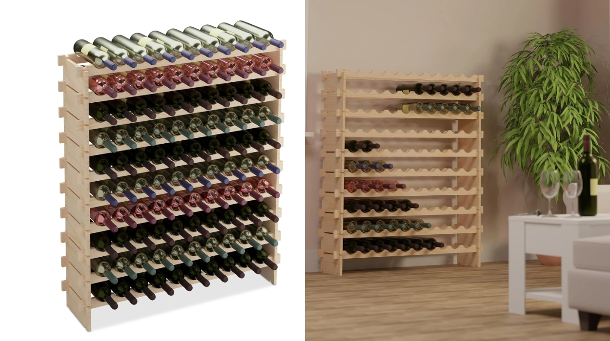 Chollo Botellero de madera Relaxdays para hasta 100 botellas, apilable y extensible, en pino natural por sólo 69,99€ con envío gratis (-36%)