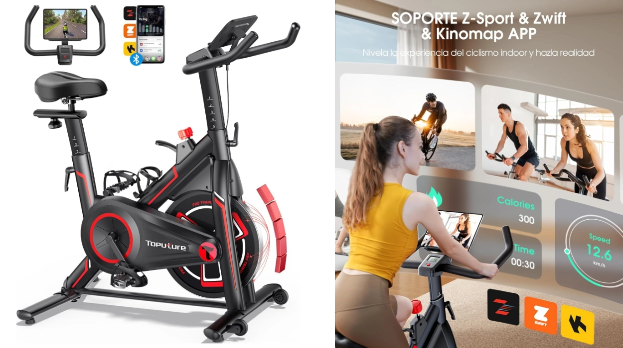 Chollo Bicicleta estática Toputure con resistencia magnética, volante de 15 kg, app, pantalla LCD y soporte para tablet por sólo 179,52€ con cupón y envío gratis (-33%))