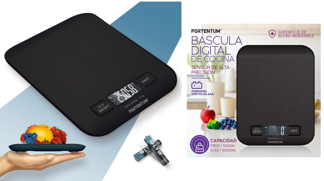 Chollo Báscula de cocina Portentum con pantalla LCD, precisa de 1 g a 5 kg por sólo 7,99€ (54% de descuento)