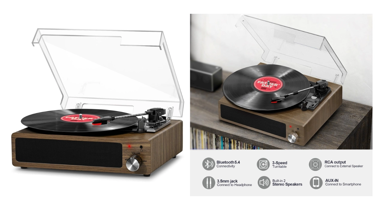 Chollo Tocadiscos de vinilo vintage FYDEE con 3 velocidades, altavoces integrados y salidas AUX/RCA por sólo 39,97€ (50% de descuento)