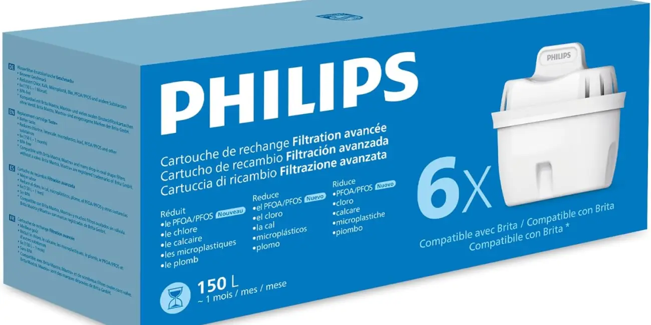 Chollo Pack de 6 cartuchos de filtro de agua Philips con filtración avanzada compatibles con Brita por sólo 17,46€ (42% de descuento)