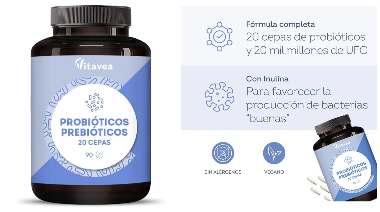 Chollo Probióticos y prebióticos Vitavea con 20 cepas y 20 mil millones UFC (90 cápsulas veganas) por sólo 9,90€ (-42%)