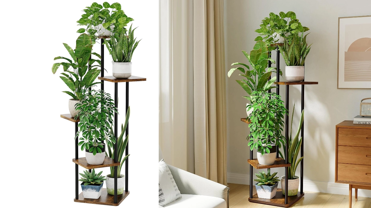 Decora con verde sin ocupar suelo: soporte esquinero resistente Bamworld de 5 niveles para varias plantas por sólo 23,74€ (21% de descuento)