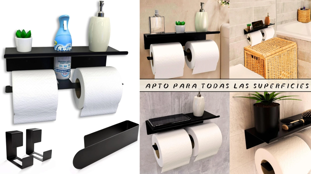 Este set de baño con portarrollos doble, toallero y ganchos se instala fácil sin hacer agujeros y hoy cuesta menos de 15 euretes (-40%)