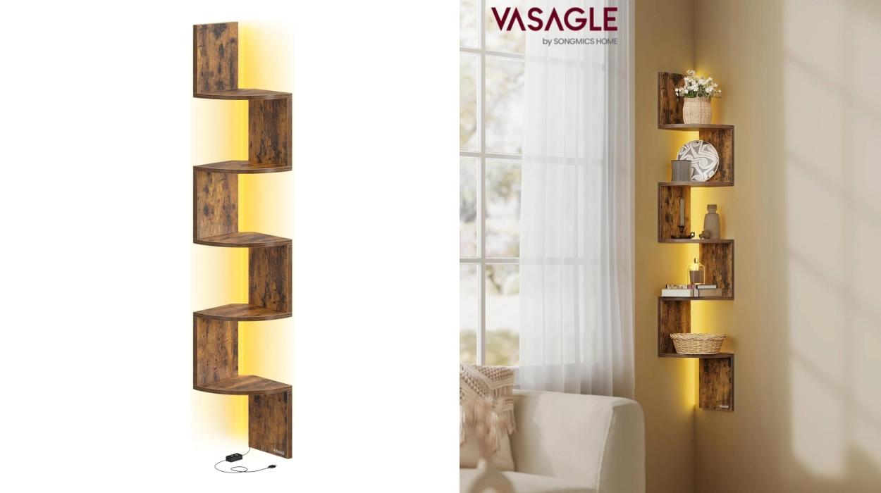 Chollo Estantería esquinera Vasagle de pared con 5 niveles e iluminación LED con mando por sólo 25,49€ (15% de descuento)