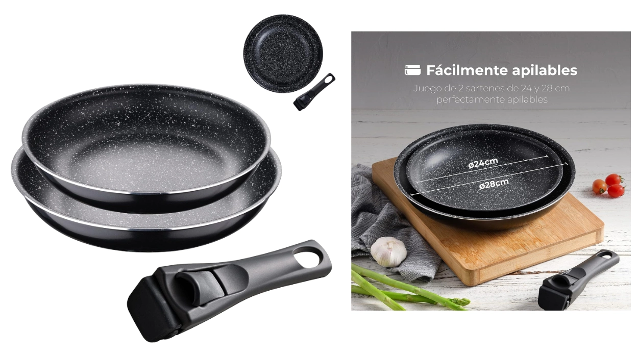 Este juego de 2 sartenes Bergner Edición Black de 24 y 28 cm con mango ergonómico intercambiable te facilita la vida en la cocina por menos de 25€ (-38%)