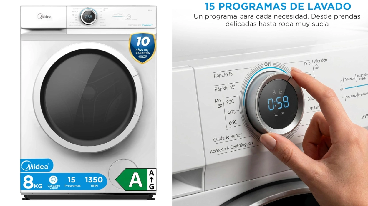 Lavadora Midea de 8 kg con motor inverter eficiente: 15 programas, lavado rápido y vapor para cuidar la ropa por sólo 289€ con envío gratis (28% de descuento)