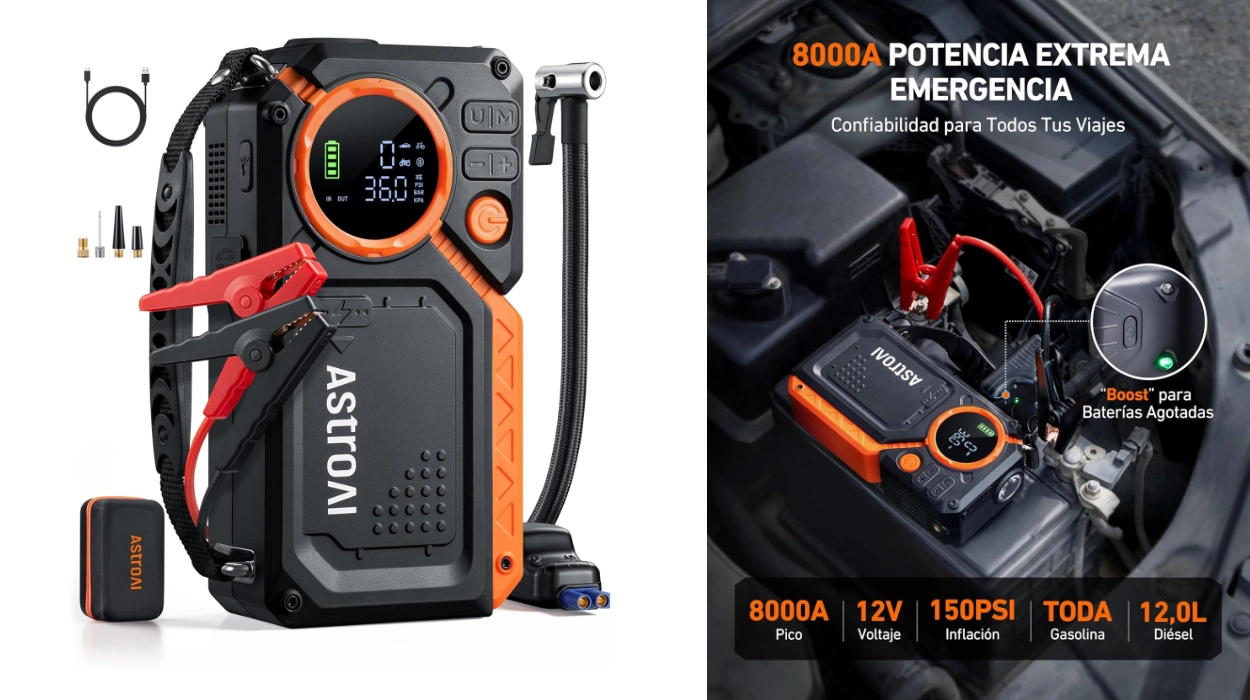 Chollo Arrancador de batería AstroAI 6 en 1 de 8000A con compresor 150 PSI y luz LED por sólo 51,99€ con doble cupón (-60%)