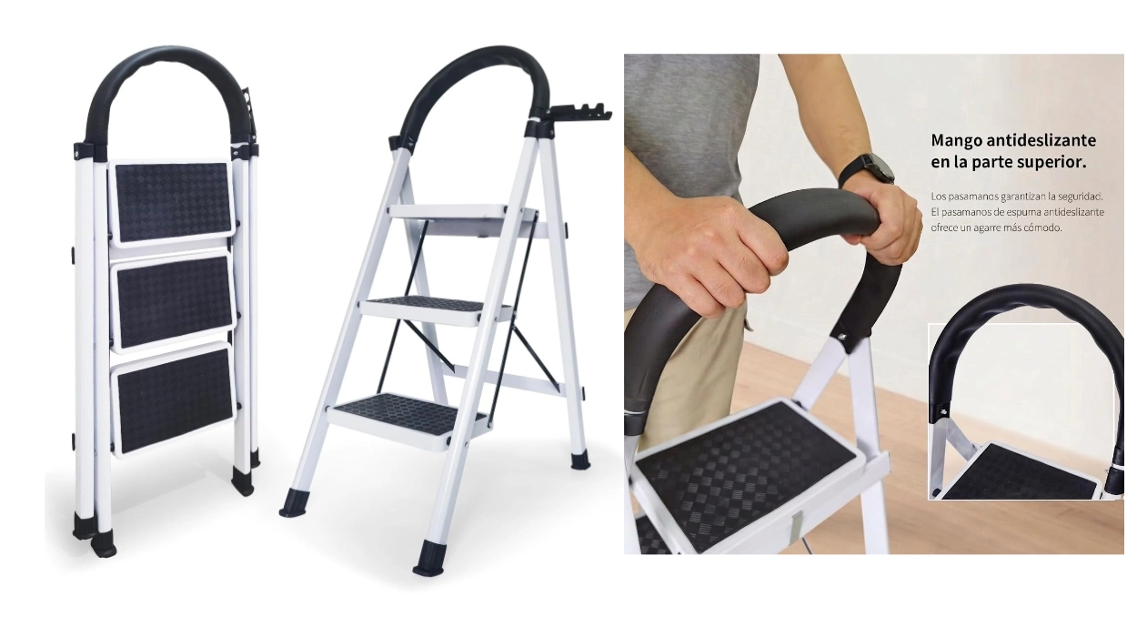 Chollo Escalera plegable de 3 peldaños con bandeja superior, mango antideslizante y plegado compacto por sólo 20,99€ con cupón (-30%)