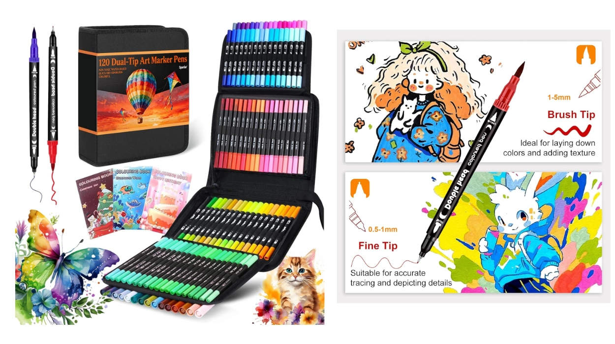 El set de rotuladores más completo para niños y adultos: 120 rotuladores de doble punta con bolsa y 3 libros para colorear por menos de 23€ (-28%)