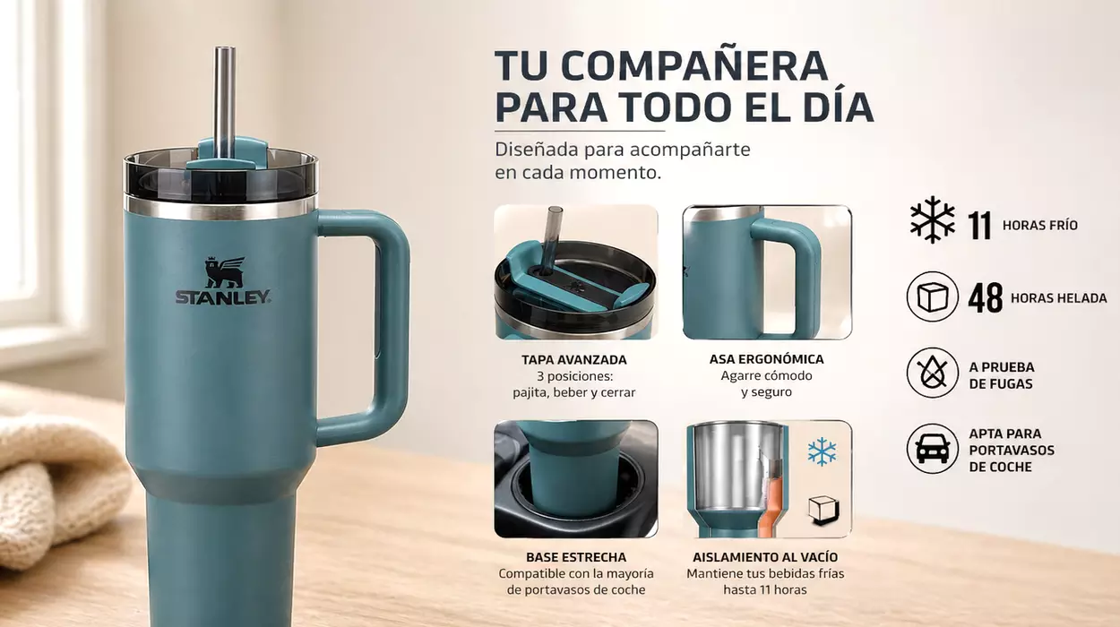 Lleva tus bebidas preferidas en este termo Stanley Quencher de 1,2 litros con una relación calidad-precio imbatible