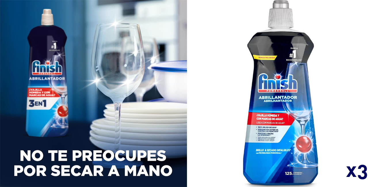Chollo Pack x3 Botellas Finish abrillantador para lavavajillas de 500 ml por sólo 11,18€ con oferta 3×2 (-38%) ¡3,73€ cada uno!