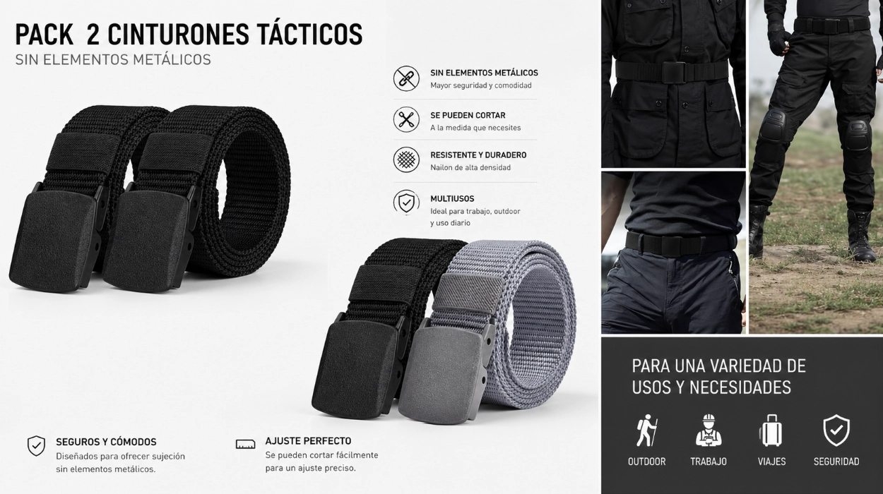 Comodidad sin hacer agujeros con este pack de 2 cinturones tácticos de nylon para hombre por sólo 3,15€ cada uno