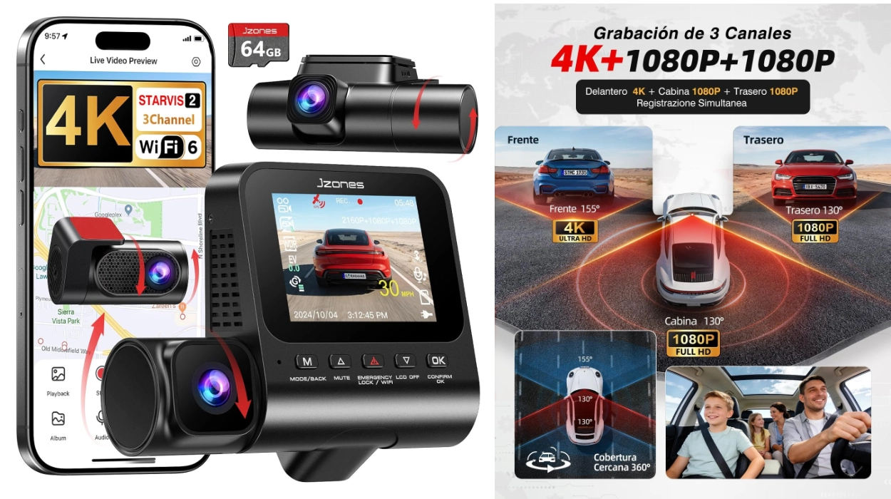 Dashcam de coche con cámara frontal 4K, interior y trasera, WiFi 6, GPS y tarjeta 64GB por sólo 61,17€ con envío gratis (-44%)