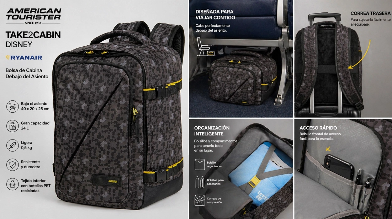 Chollo Mochila de cabina American Tourister Take2Cabin Disney Mickey Urban Pixel para Ryanair por sólo 32,39€ con envío gratis (-34%)