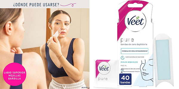 Chollo Pack de 40 bandas de cera depilatoria facial Veet Pure por sólo 5,59€ con cupón (-48%)